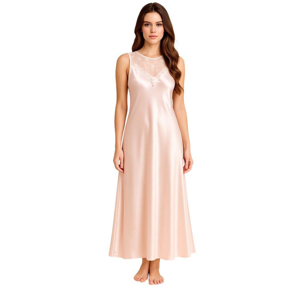 Nightgown Vintage 80s Pink Pastel Satin Lace Maxi 80s / 40s Hollywood Glamour M